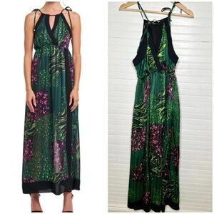 Ciebon Kalista Tropical Print Maxi Dress Green Chiffon Tie Shoulder Size M